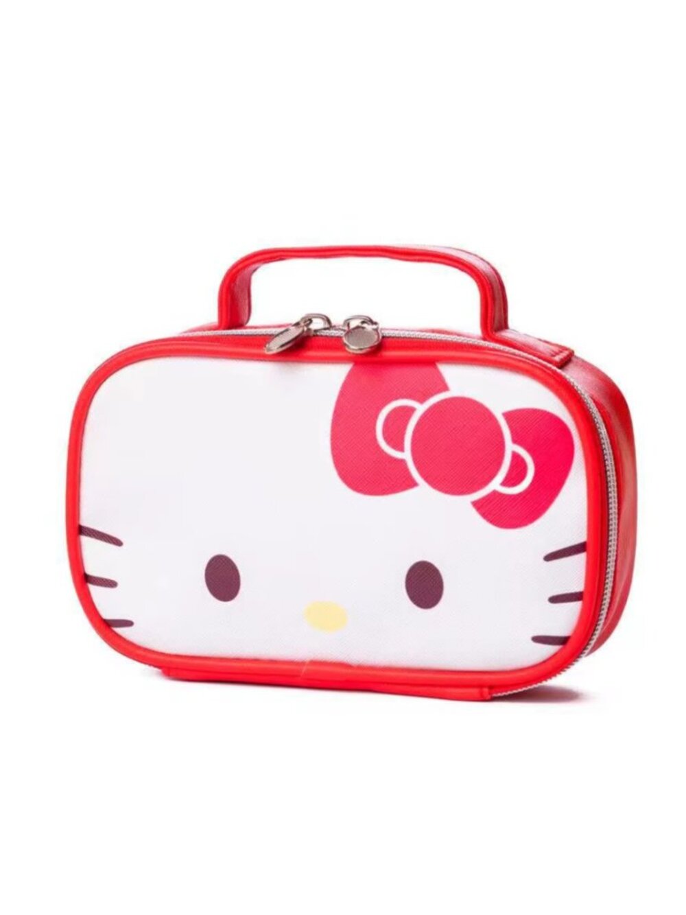 Hello Kitty Double-Zipper Handbag Cute Portable PU Bag for Makeup, Travel